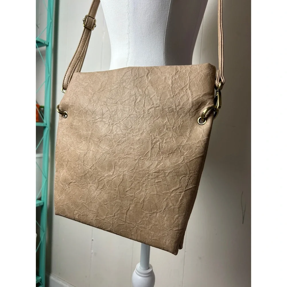 Anthropologie Tan Crossbody Bag Neutral Boho Faux Leather Chic Preppy Minimalist